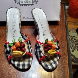 Lulu Guinness Checkered Sandals with Fruit Accents